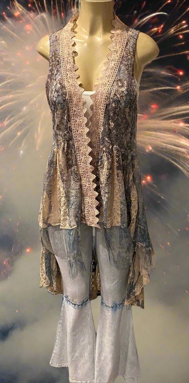 Origami Hi-Lo Lace Blue Taupe Vest Small